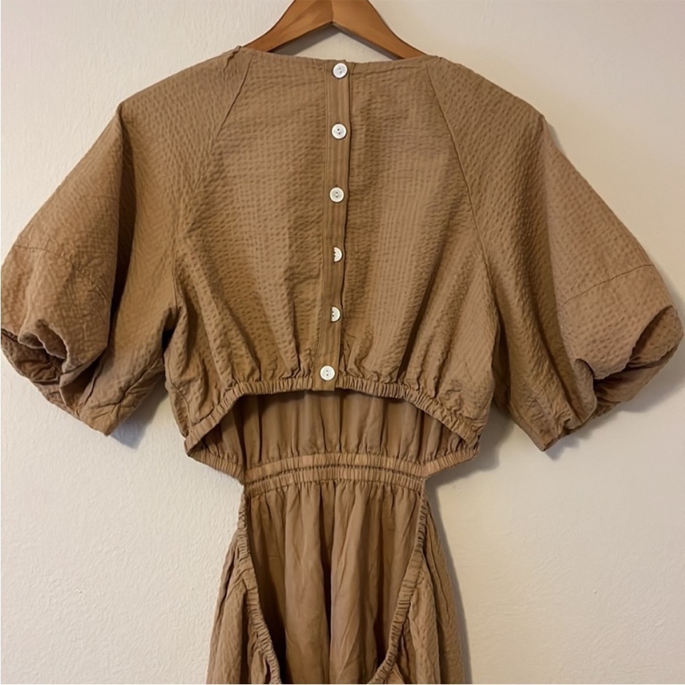 Madewell Seersucker Puff Sleeve Cutout Mini Dress Seed Khaki Sz M - Picture 7 of 8